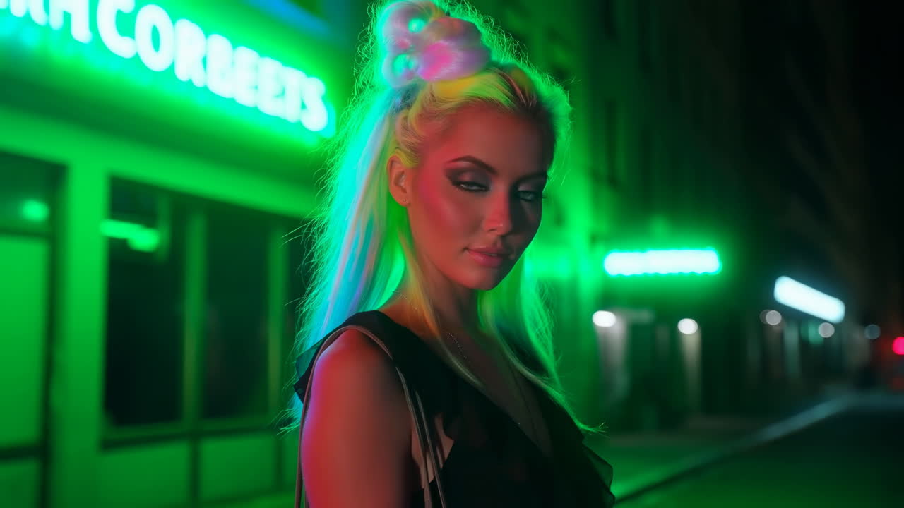 Giovane donna in posa su una strada cittadina di notte con luci al neon verdi