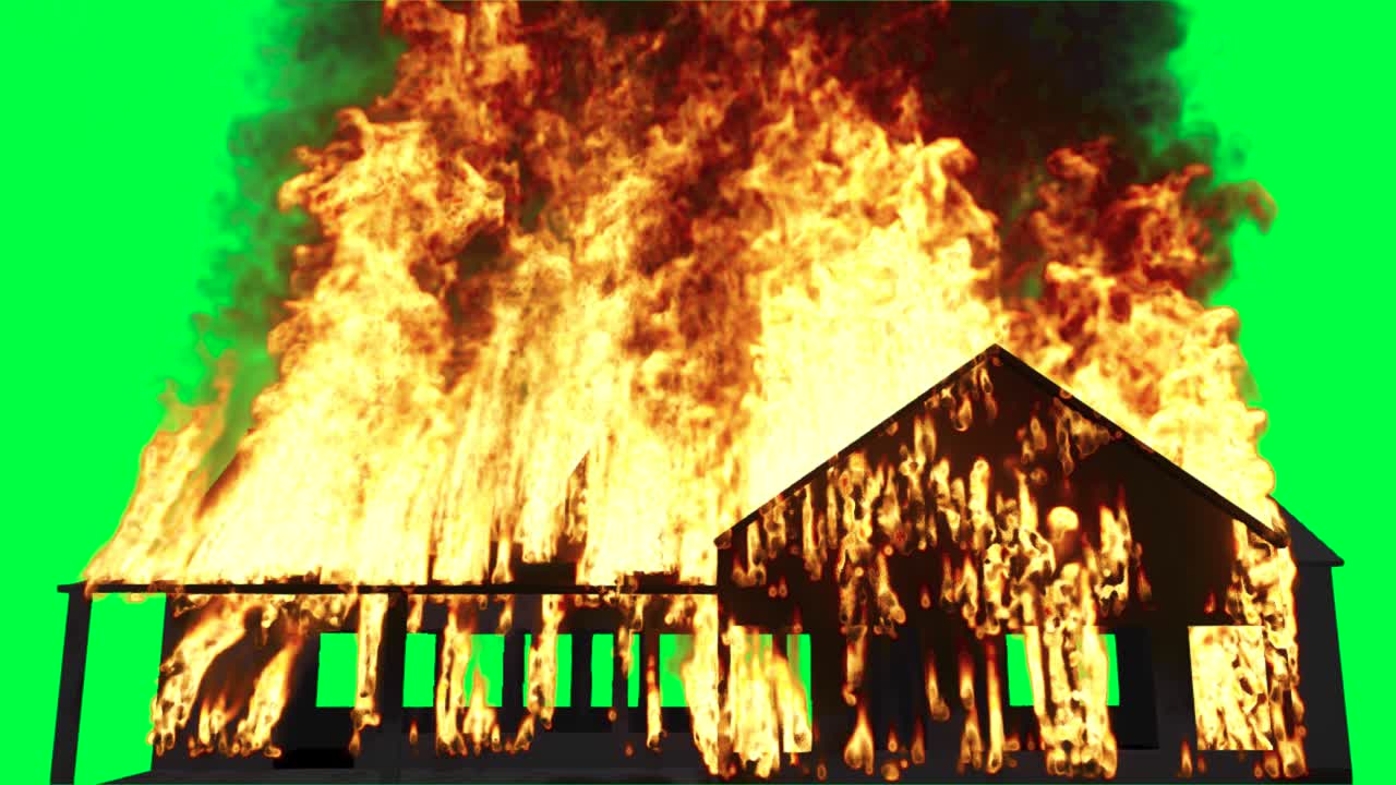 녹색 스크린에서 불타는 집