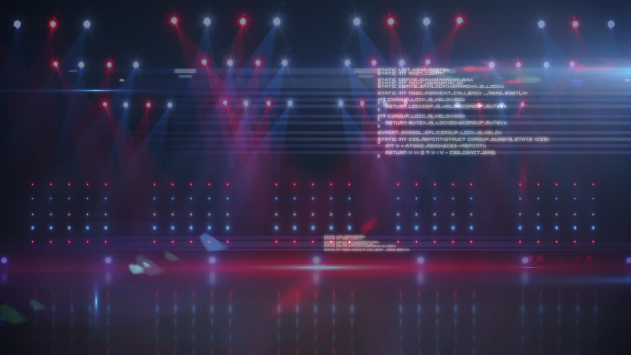 Animation of data processing over shining light beams on stage at music concert