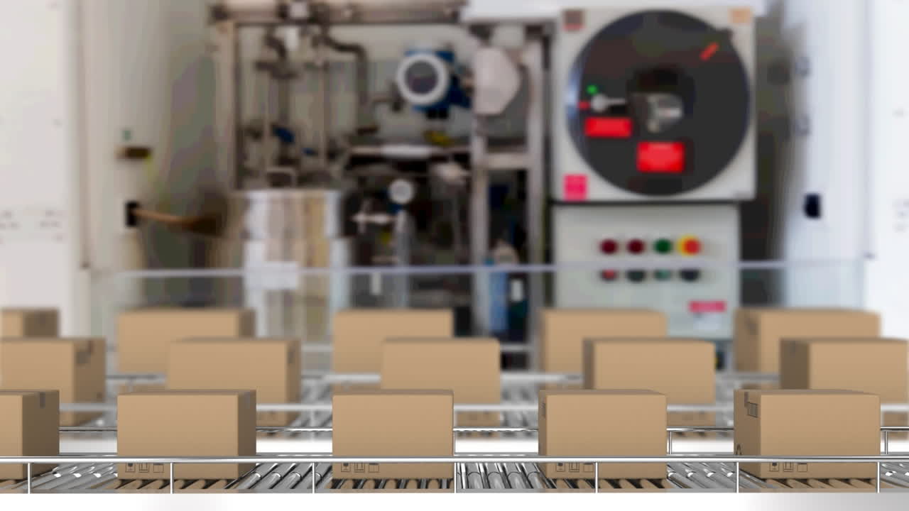 창고의 컨베이어 벨트에 있는 카드보드 상자의 애니메이션