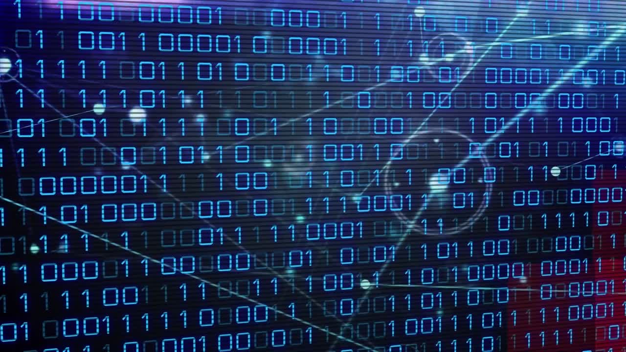Animation of blue looping binary codes over dots connected with lines against abstract background