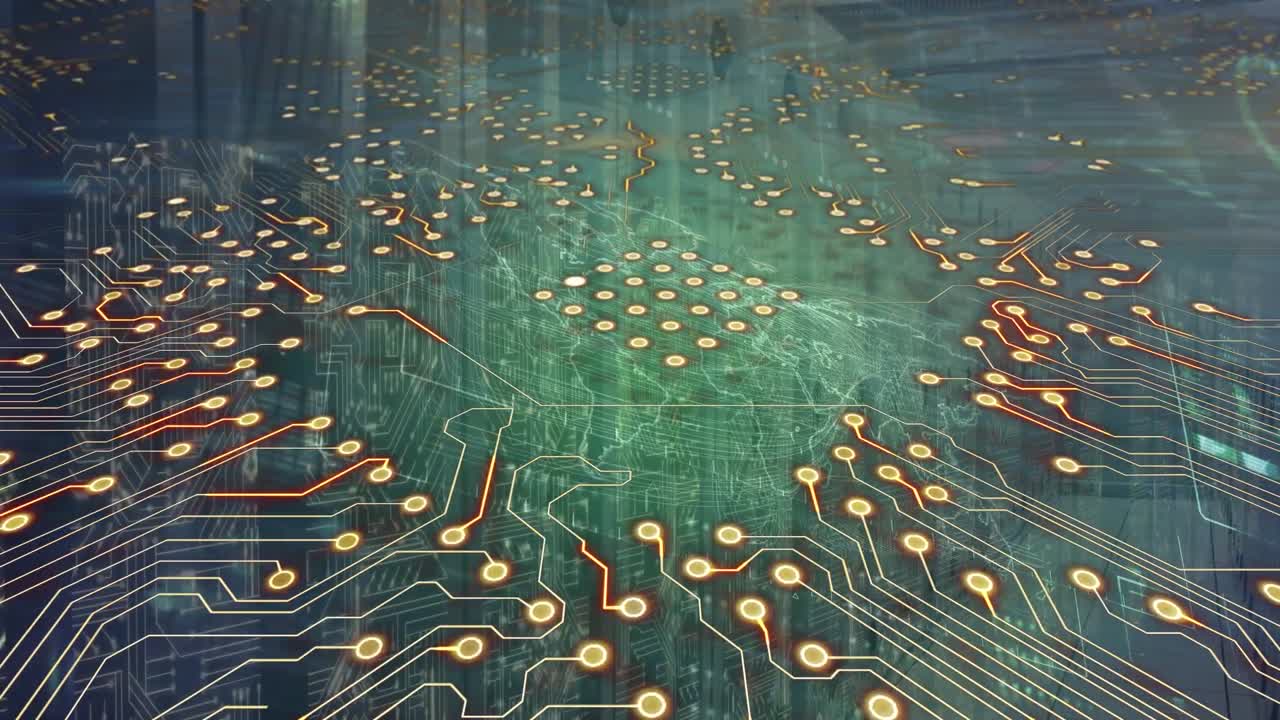 Animation of computer circuit board with world map and data processing over server room