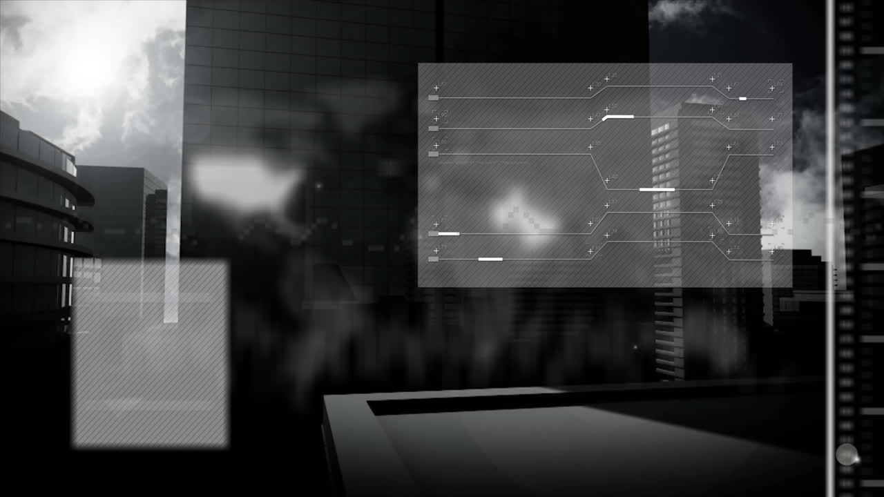 도시 풍경 위의 데이터 처리 애니메이션