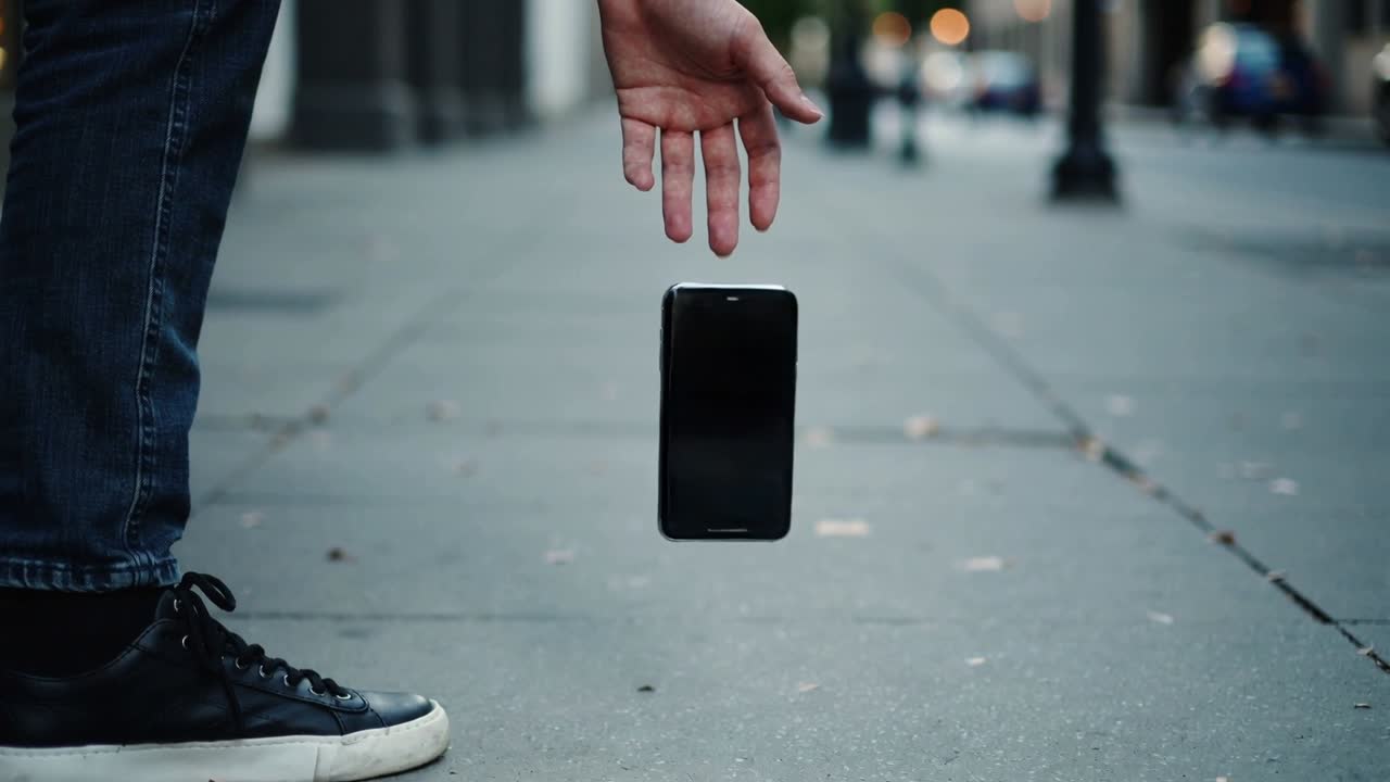 Person i jeans og sorte sko taber smartphone, der vipper og lander på fortovet ved siden af en sko