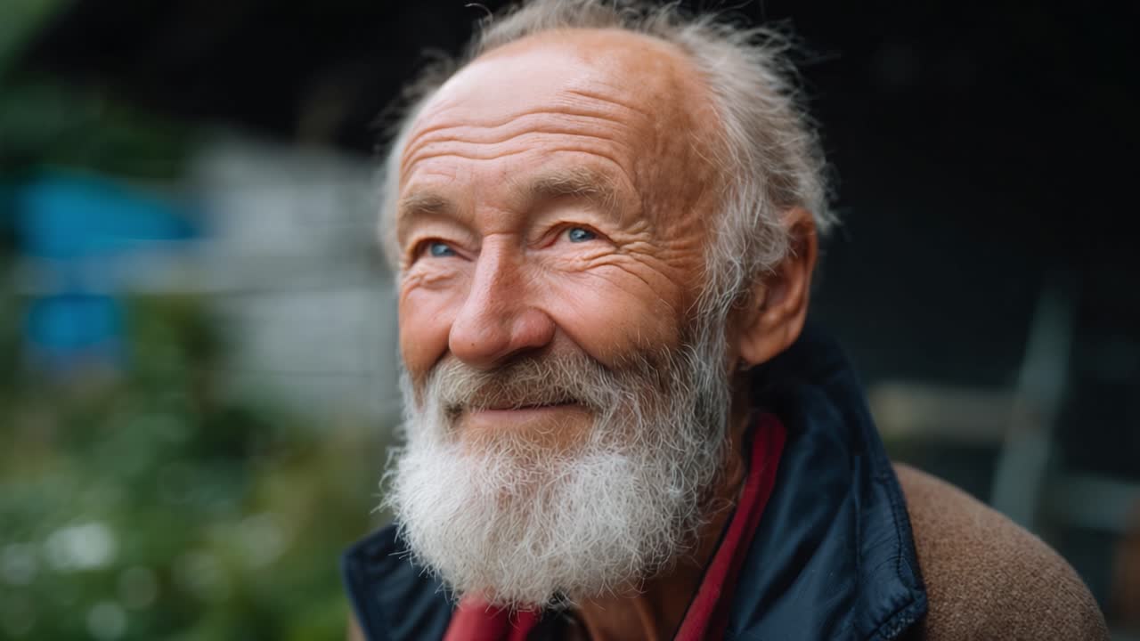 Un ritratto commovente di un uomo anziano sorridente immerso nei suoi pensieri, che cattura l'essenza dell'età, della saggezza e della gioia nel suo sguardo caloroso e nei suoi occhi vivaci.