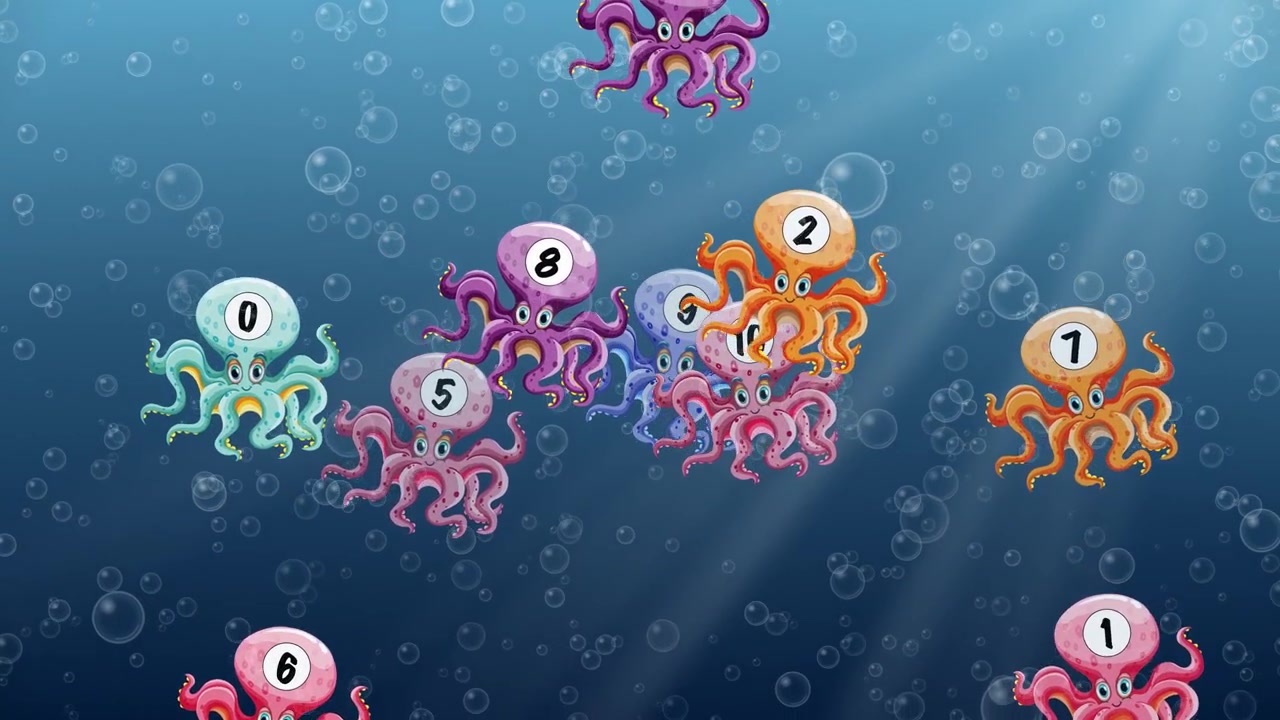 Polpi animati e colorati con numeri che nuotano sott'acqua