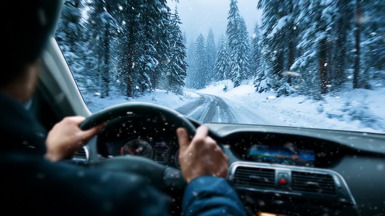 Winter Driving Adventure Through Snowy Forest: A Captivating Journey on a Snow-Covered Road with Pine Trees and Frosty Landscape, Perfect for Adventurers Seeking Scenic Winter Escapes