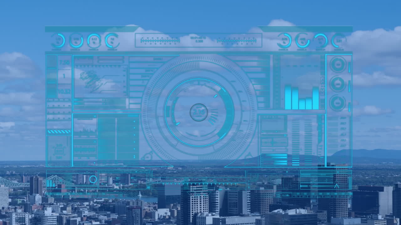 Animation of financial data processing over cityscape