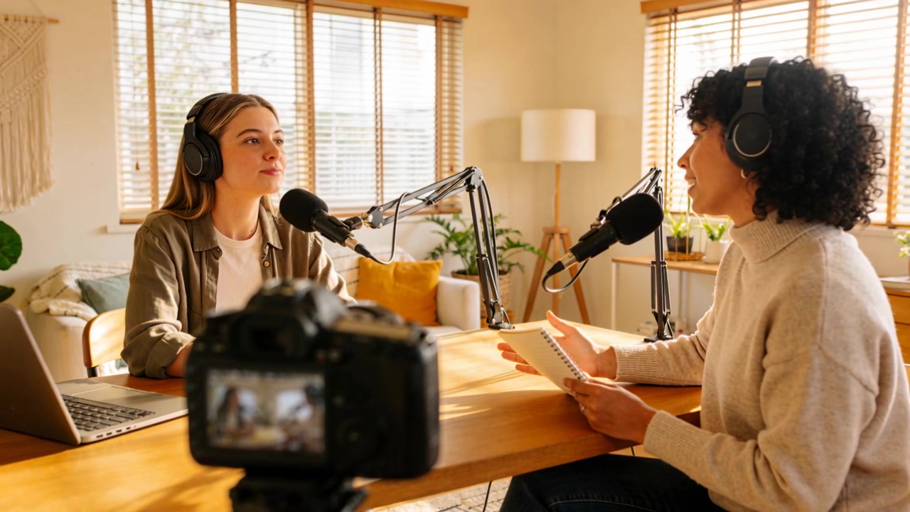 Inizio della registrazione, la telecamera filma due host che si scambiano appunti in uno studio casalingo per un podcast, con i microfoni.