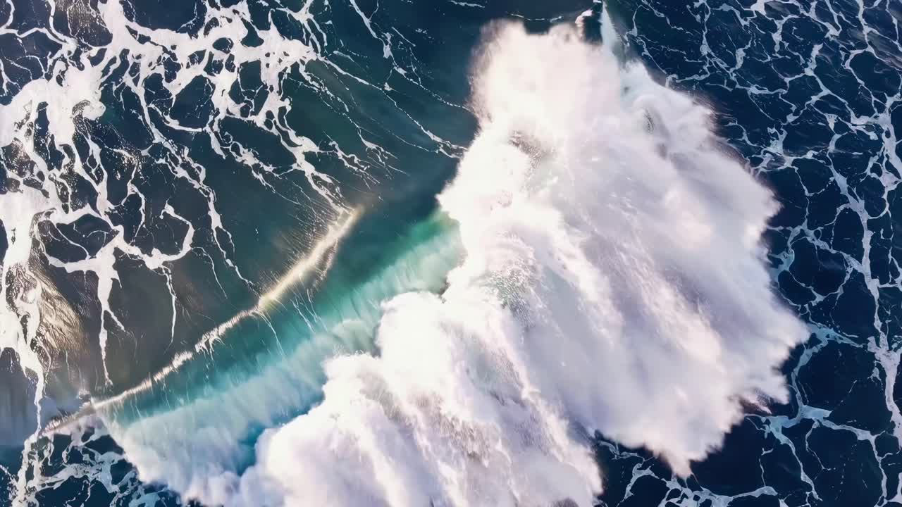 Aerial video captures ocean waves creating intricate white patterns on deep blue water