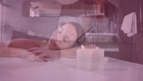 resting on spa table, woman surrounded by candles and soothing animation ambiance