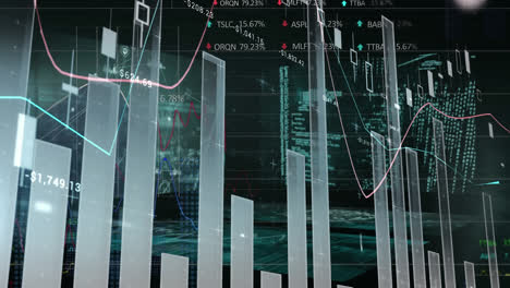 Animation-of-screens-with-statistical-and-stock-market-data-processing-against-black-background