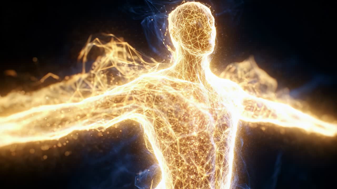 A stunning visual representation of the human form, depicted with intricate details highlighting an ethereal energy flowing throughout, showcasing the beauty of being alive through glowing patterns and radiant lights