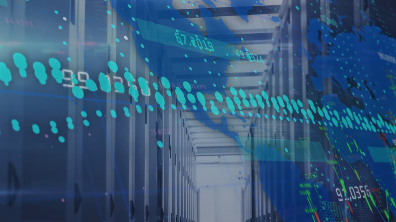 Starting rack aisle green nodes growing and blue lines weaving readouts pulsing visualizing data