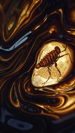 a fossilized insect trapped in a swirling amber vortex