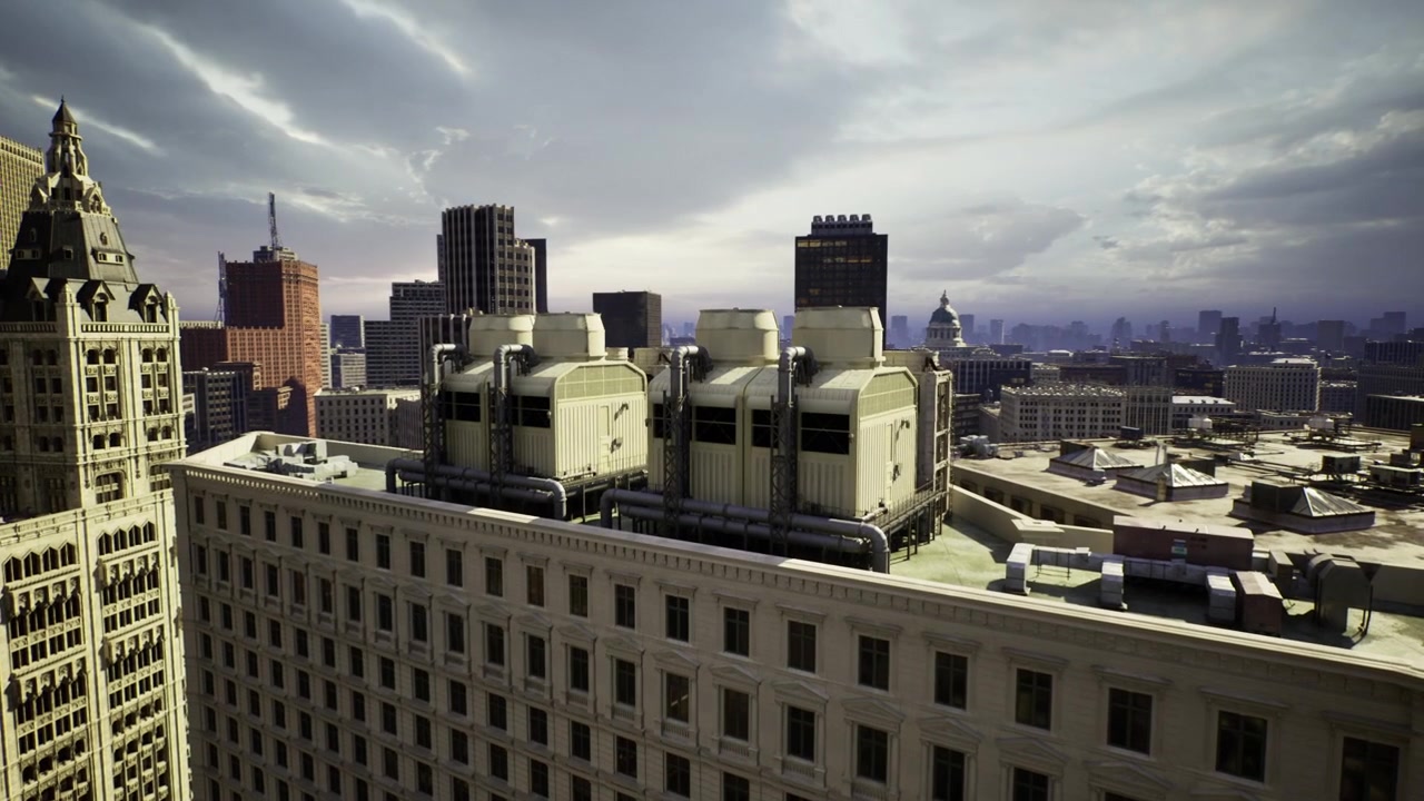 Le soleil de midi met en valeur les systèmes de refroidissement de toiture et l'architecture