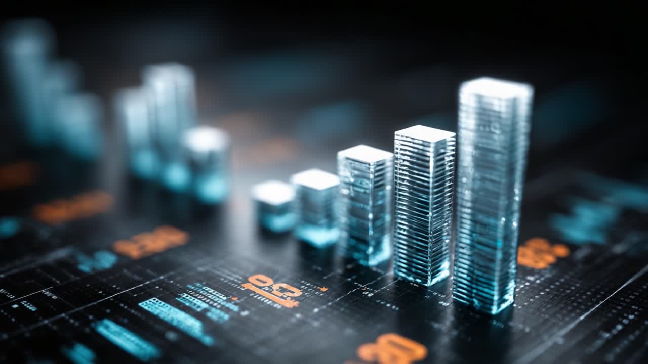 Rappresentazione visiva della crescita finanziaria: Una visualizzazione astratta di grafici a barre 3D e insight sui dati per l'economia digitale moderna.