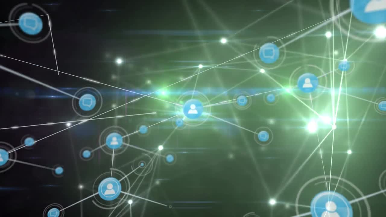 animación de una red brillante de iconos digitales contra un fondo verde