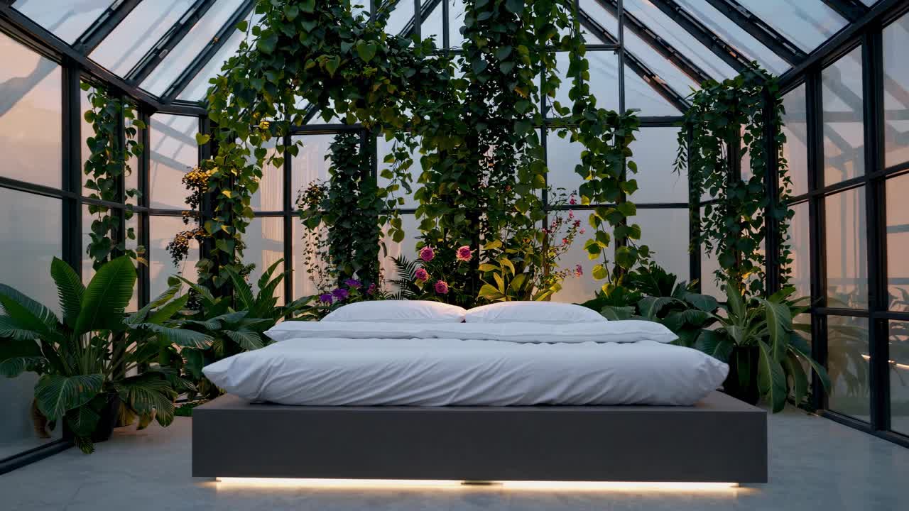 dormitorio de invernadero moderno con plantas exuberantes