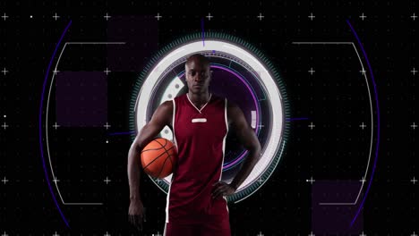 animation of scopes scanning and data processing with male basketball player