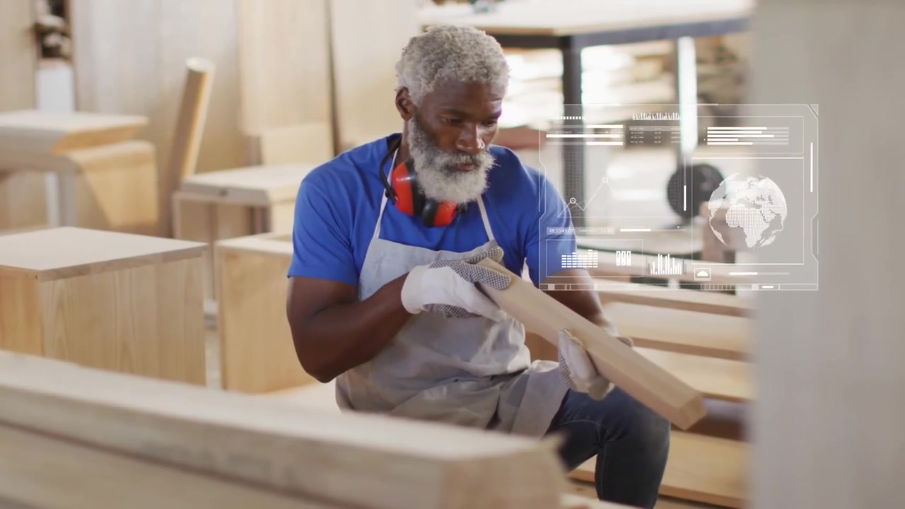 Mature carpenter selecting plank for measuring and smoothing, HUD overlaying scene tracking metrics