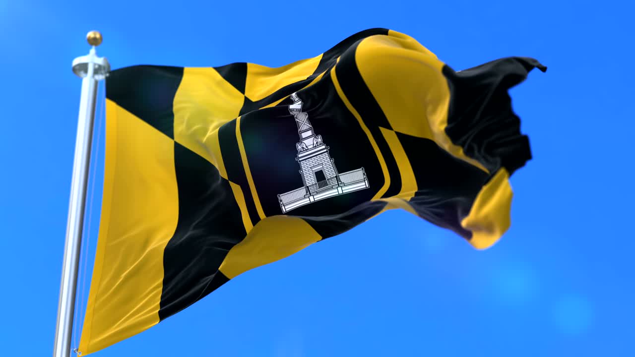 Baltimore city flag, city of Maryland in USA or United States of America, waving at wind in blue sky, slow - loop