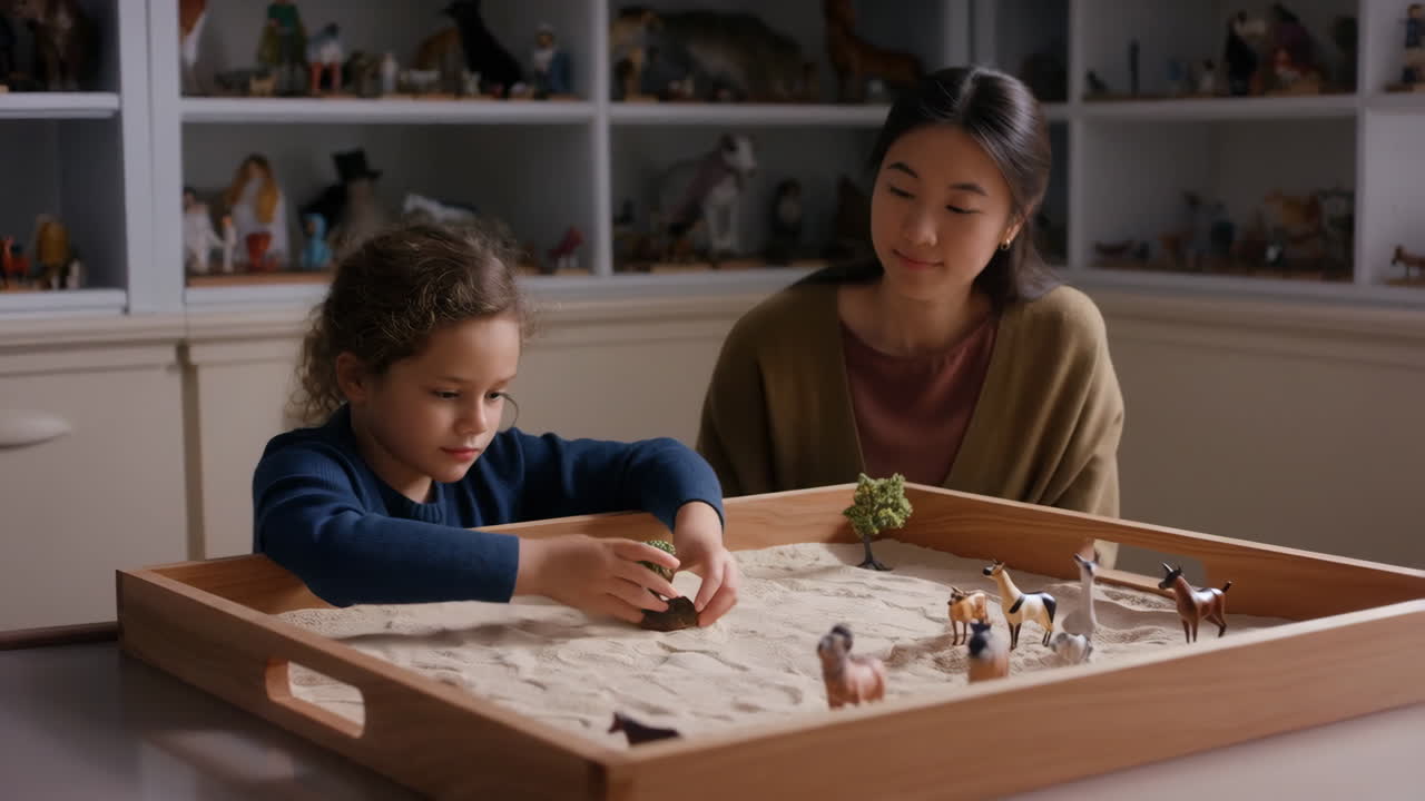 Child and adult playing with miniature figures in a sand tray