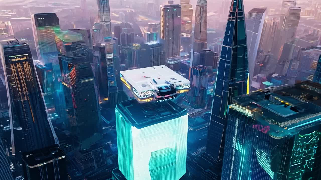 미래의 도시 위를 날아다니는 자동차