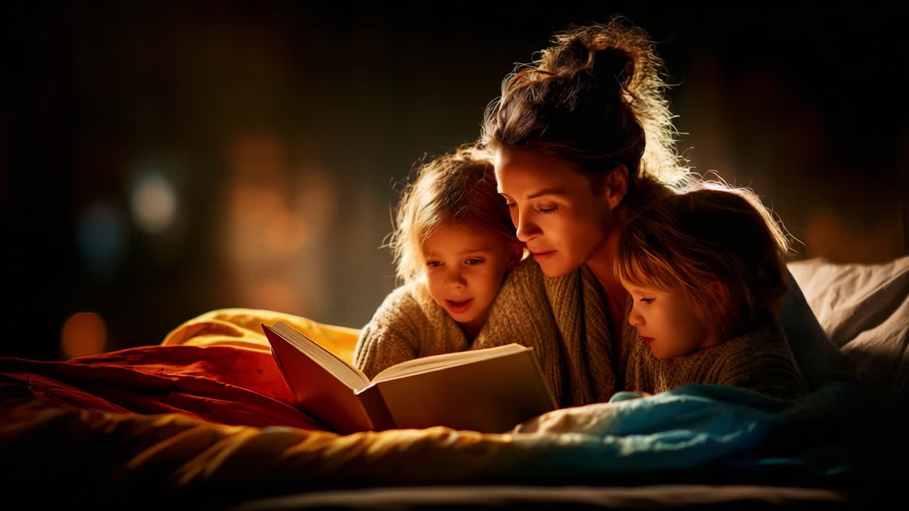 A Enchanting Evening of Storytelling: A Mother and Her Two Children Cozying Up with a Book, Capturing the Warmth and Joy of Family Bonding in a Softly Lit Room