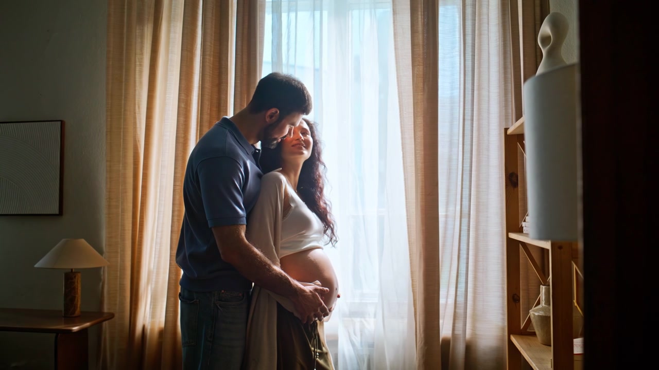 Husband embracing pregnant wife window home. Man holding belly bump maternity.