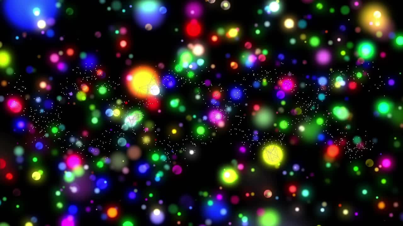 Upon orbs emerging, multicolored particles drifting inward, growing, receding, forming cosmic field