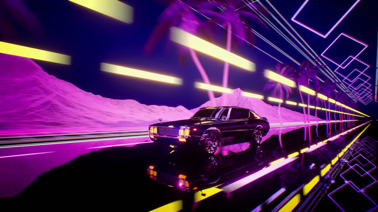 Auto e città in stile neon. Sfondo retro wave anni '80. Animazione 3D. Auto retro-futuristica che attraversa una città al neon