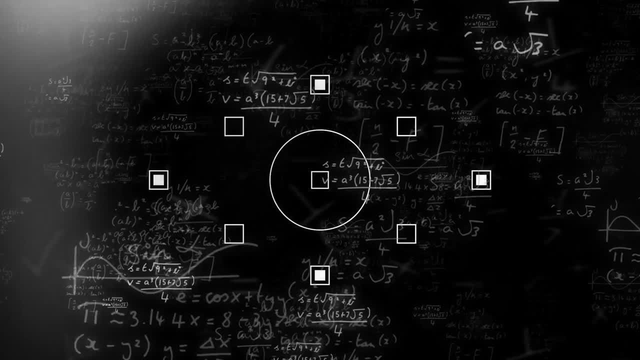 animación de ecuaciones matemáticas y formas en movimiento sobre fondo negro