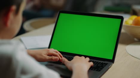 niño navegando por internet portátil de pantalla verde. estudiante escribiendo un prototipo de teclado netbook