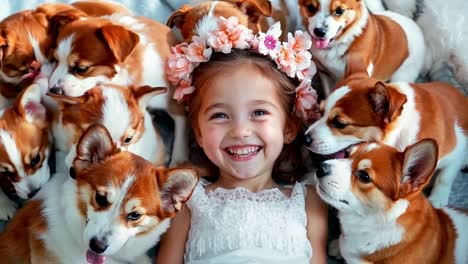 a little girl with a flower crown surrounded by a group of puppies