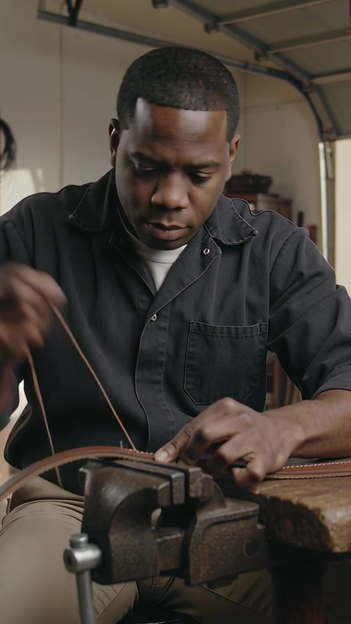 Vertical video: Aligning seam, man in dark shirt responding to vise clamping strap at garage bench