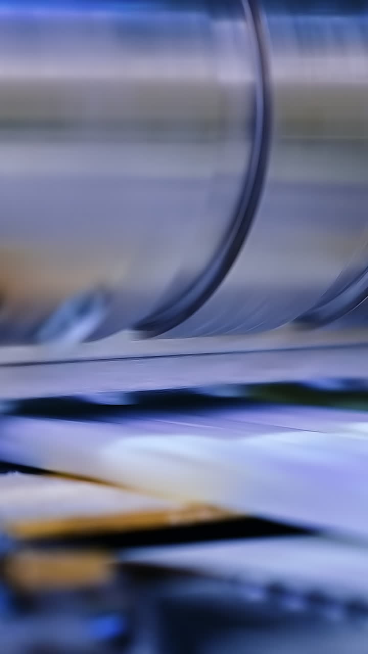 Massy metal shaft rotating over the conveyor line. Innovative technological equipment for diaper enterprise. Close up. Vertical video