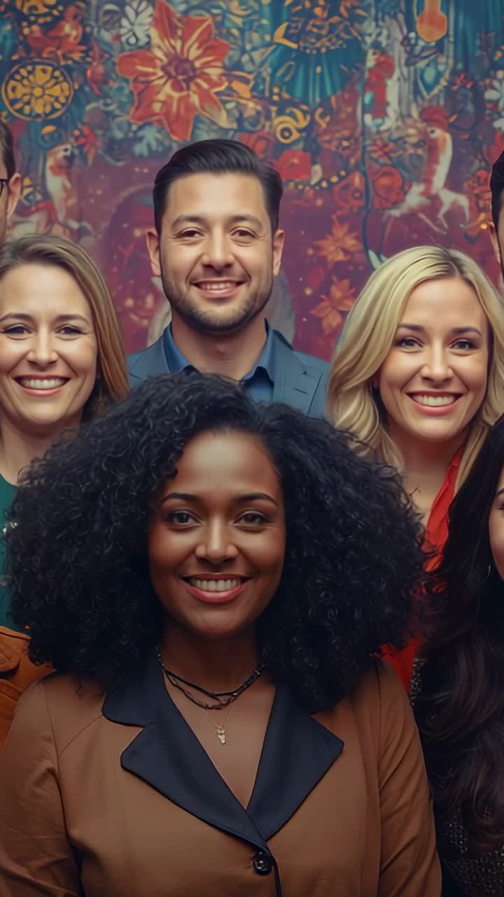 Vertical video: Smiling six colleagues posing in front of floral tapestry for team portrait