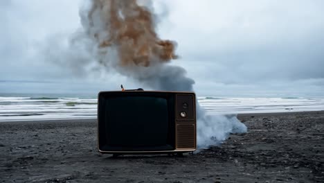 a burning television on a beach