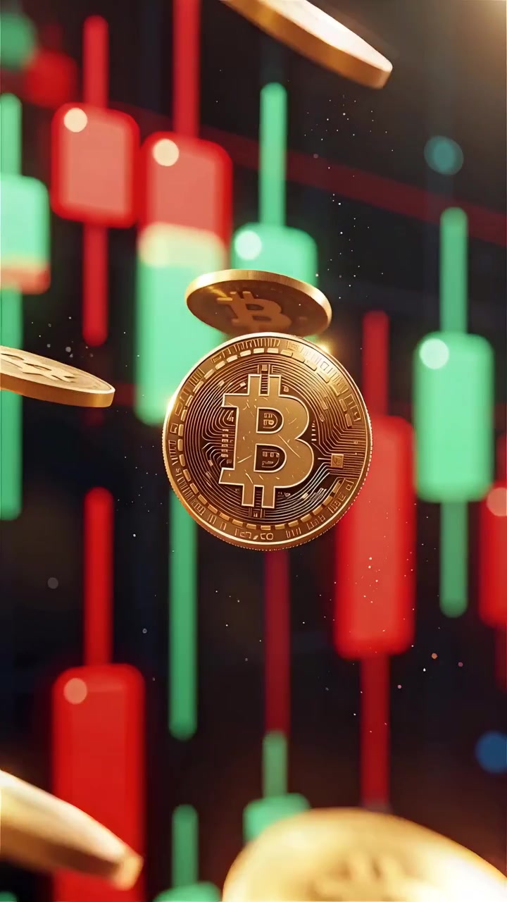 Moedas de Bitcoin douradas com fundo de gráfico de velas desfocado 4K