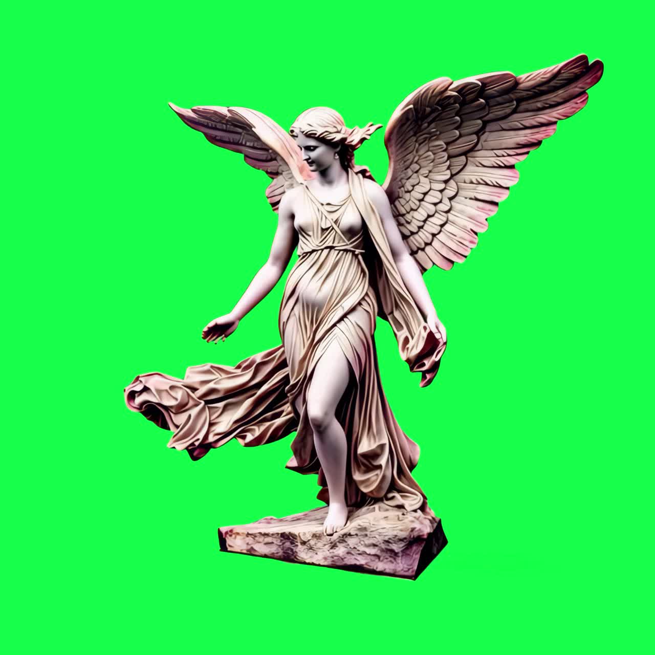 Elegant angelic statue wings animation, transparent 4K video, green screen
