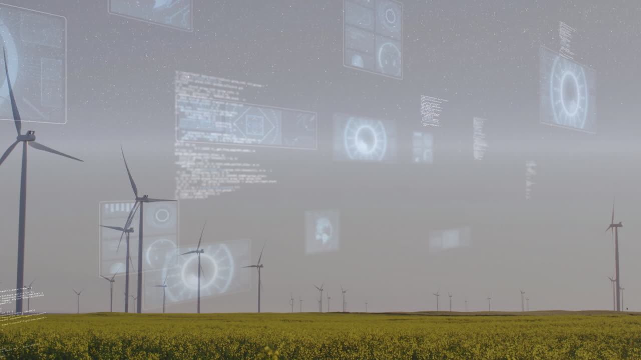 Wind turbines in field with futuristic data processing animation over landscape