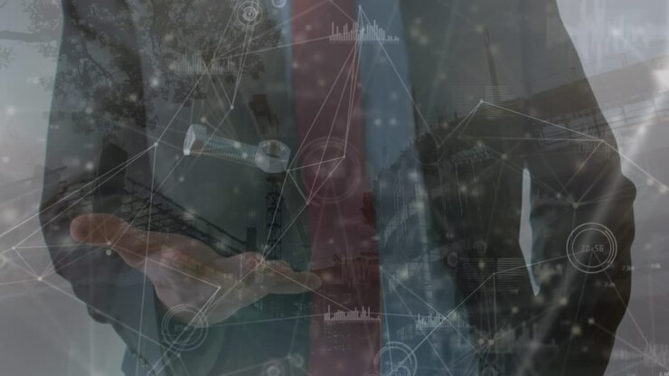 Animation of data processing over caucasian businessman and building site