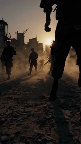 military personnel patrolling devastated urban landscape at sunset, silhouetted against golden light, revealing stark destruction and haunting aftermath of conflict