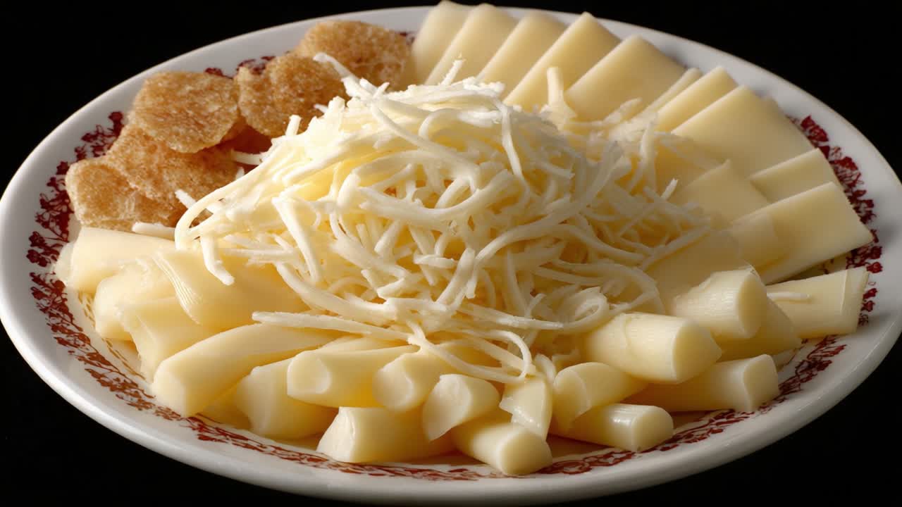 A Delicious Array of Cheeses and Snacks: A Platter Featuring Shredded Cheese, Curly Cheese Shapes, and Crunchy Treats Perfect for Any Gathering or Celebration
