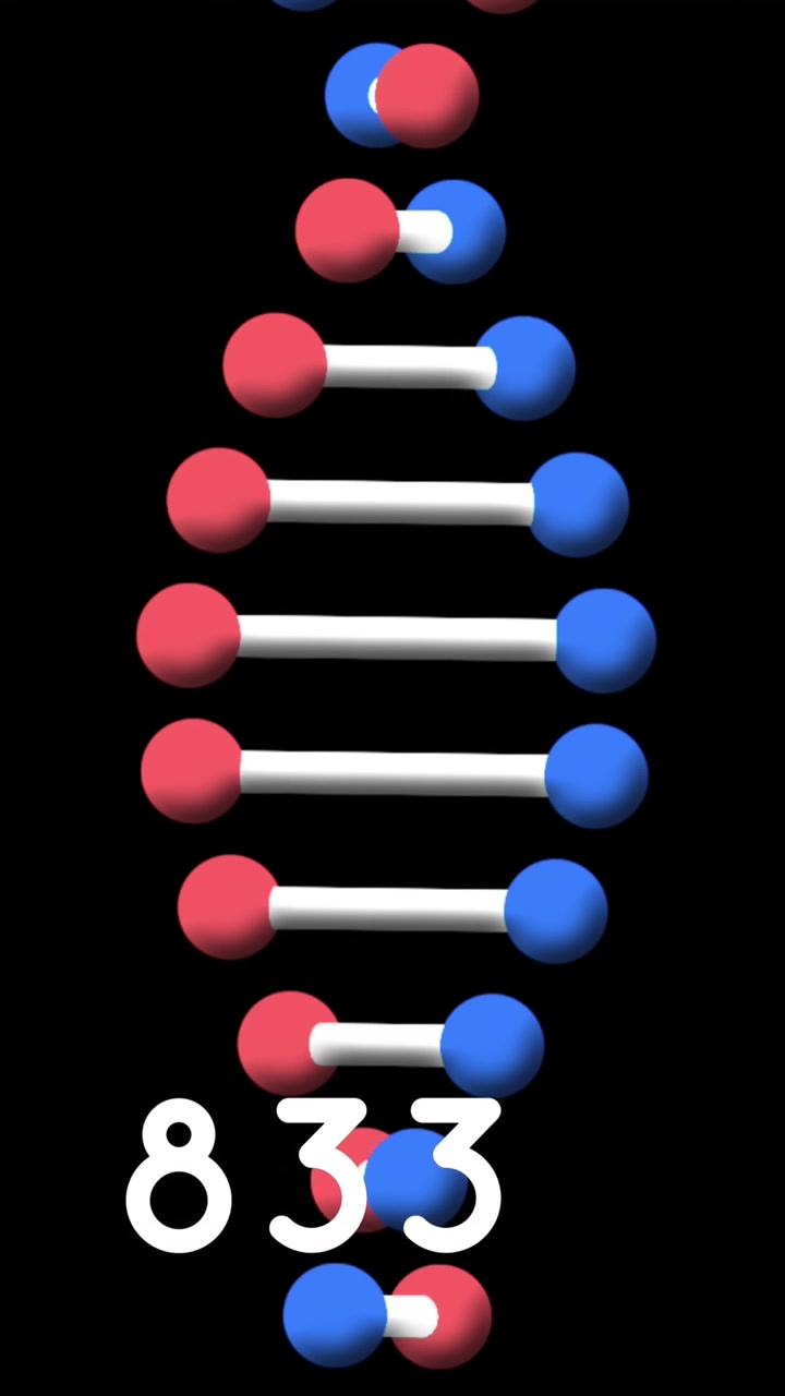 Animación de una hebra de ADN girando y células de COVID-19 cayendo sobre fondo oscuro