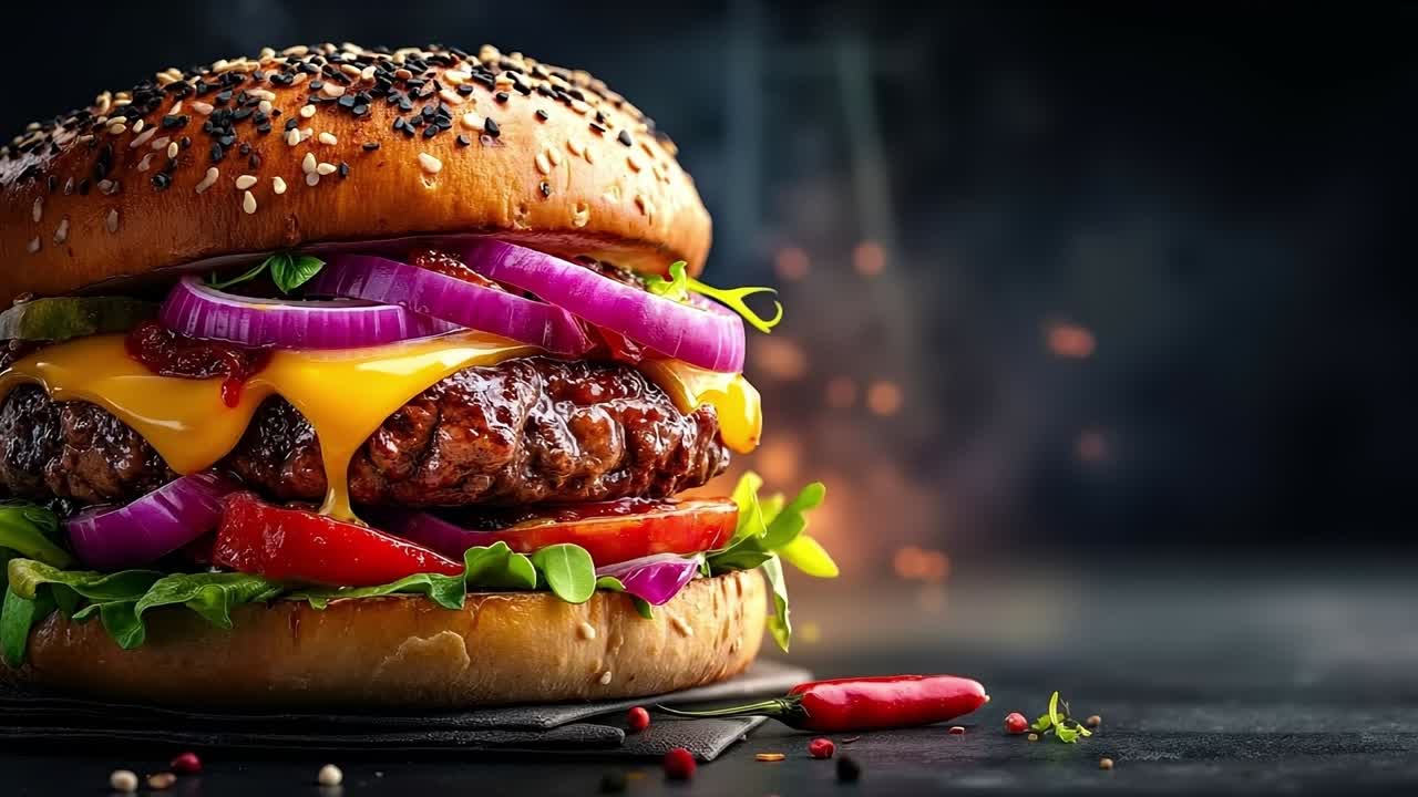 A hamburger with cheese, lettuce, tomato, onion, and red onion on a bun