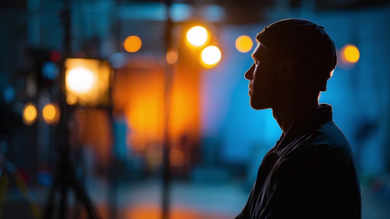 A contemplative figure in silhouette stands in the foreground, illuminated by amber lights, evoking a sense of intrigue and creativity in a dynamic environment