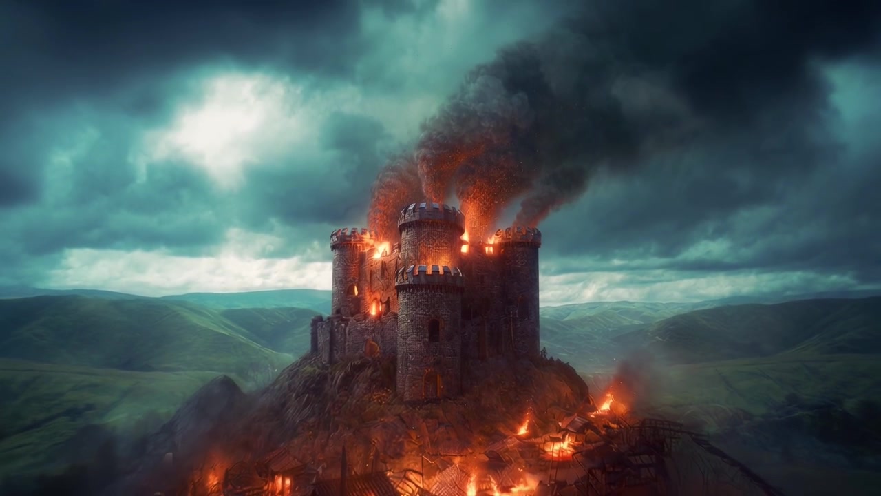 Castelo Medieval Queimando no Topo de uma Colina sob Céu Tempestuoso