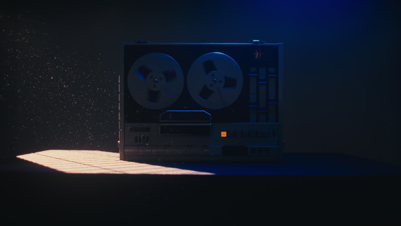 A vintage tape recorder spinning spools in a blue light